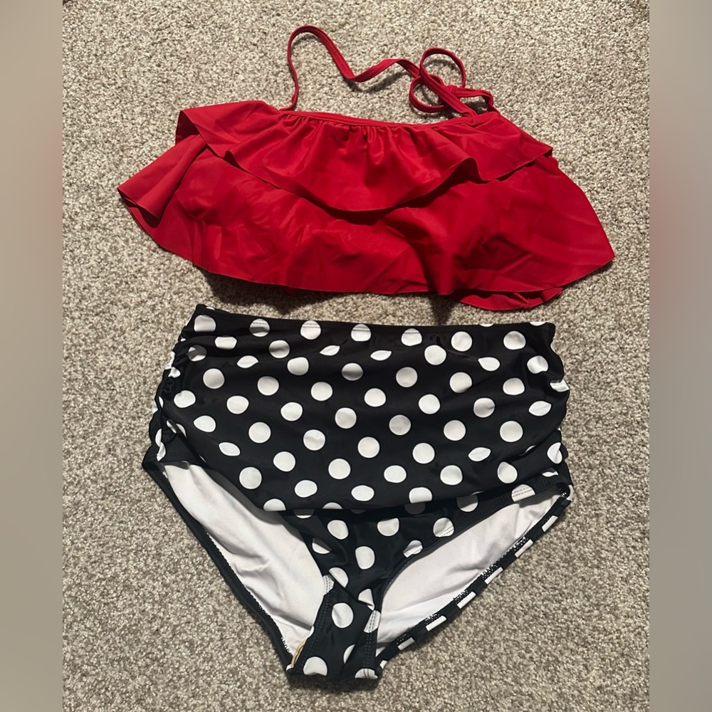 Red Ruffle Bikini Top and Polka Dot Bottoms